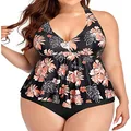 Holipick Plus Size Two Piece Swimsuits High Waisted Bathing Suits for Women Tummy Control Halter Tankini with Shorts, Black Flower, 22 Plus