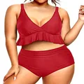 Yonique Women Plus Size Two Piece Swimsuits High Waisted Bikini Set Tummy Control Bathing Suits Ruffle Swimwear, Red, 14 Plus