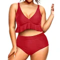 Yonique Women Plus Size Two Piece Swimsuits High Waisted Bikini Set Tummy Control Bathing Suits Ruffle Swimwear, Red, 14 Plus
