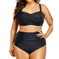 Yonique Women Plus Size Two Piece Swimsuits High Waisted Bathing Suits Bandeau Bikini Tummy Control Swimwear, Black, 14 Plus
