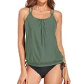 Holipick Two Piece Tankini Bathing Suits for Women Tummy Control Swimsuits Athletic Blouson Tankini Top with Bikini Bottom, Army Green, Large