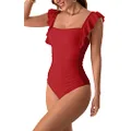 Eomenie Women's One Piece Ruffle Swimsuit Ruched Tummy Control Bathing Suits 1 Piece Tie Back Backless Monokini Swimwear, Red, XX-Large