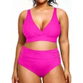 Yonique Womens Plus Size Bikini Swimsuits High Waisted Swimwear Tummy Control Two Piece Bathing Suits Pink 12Plus