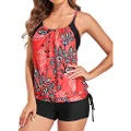Holipick Women Pink and Black Tummy Control Tankini Swimsuits Two Piece Blouson Bahting Suits Criss Cross Straps Tankini Top with Sporty Boyshort