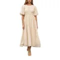 MOON RIVER Women's Shirred Puff Sleeve Bdarecsk Scut-Out Midi Dress, Cream, X-Small