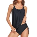 Holipick Two Piece Tankini Swimsuits for Women Tummy Control Bathing Suits Athletic Blouson Swim Tank Top with Shorts, Black, Small