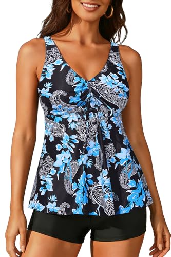 Holipick Two Piece Tankini Swimsuits for Women Tummy Control Bathing Suits Flowy Swim Tank Top with Boy Shorts, Blue Paisley, Small