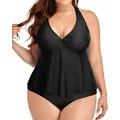 Holipick Plus Size Swimsuits Two Piece High Waisted Bathing Suits for Women Tummy Control Halter Tankini with Shorts, Black, 20 Plus
