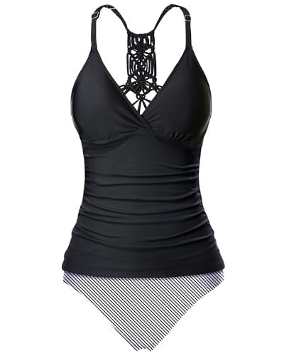 Holipick Tummy Control Two Piece Swimsuits for Women Halter Tankini Top Sexy V Neck Macrame Ruched Bathing Suits with Shorts, Black Striped, Medium