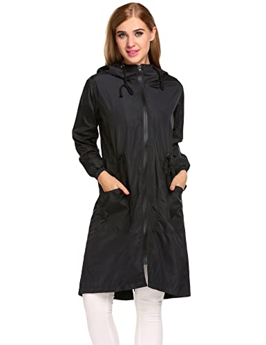 ELESOL Women Waterproof Lightweight Zip Hoodie Raincoat Active Jacket Black L