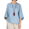 Minibee Women's Loose Cotton Linen Blouse Round Neck with Chinese Frog Button Light Blue-L