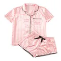 WDIRARA Women's Sleepwear Striped Satin Short Sleeve Shirt and Shorts Pajama Set Pink L