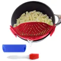 Clip-On Kitchen Food Strainer for Spaghetti, Meat, Pasta, & Ground Beef Grease, Colander & Sieve Snaps or Clip On Bowls, Pots & Pans. Includes Silicone Strainer Drainer, Brush & Garlic Peeler (Dk Red)