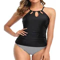 Holipick Women Black Striped High Neck Tankini Swimsuits Ruched Tummy Control Swim Tank Top with Shorts Two Piece Bathing Suits S