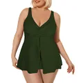Sovoyontee Women Plus Size Tankini Swimsuit Two Piece Flowy Swim Dress Twist Front Bathing Suits Tummy Control Swimwear, Army Green, X-Large Plus