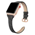 SWEES Leather Band Compatible for iWatch 38mm 40mm, Shiny Bling Glitter Matte Slim Thin Elegant Genuine Leather Strap Compatible with iWatch Series 5/4 /3/2 /1 Sport Edition Women, Glistening Black