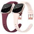 Tobfit Silicone Slim Bands Compatible for Fitbit Versa 2/Versa/Lite/SE, Narrow & Thin Sport Wristbands with Metal Buckle for Women/Men, Wine Red/Sand Pink, Large