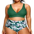 Yonique Womens Plus Size Bikini High Waisted Swimsuits Two Piece Bathing Suits Tummy Control Swimwear, Green and Flowers, 18 Plus