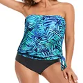 Holipick Two Piece Bandeau Tankini Swimsuits for Women Strapless Bathing Suits Blouson Swim Top with Bikini Bottoms Teen Girl, Blue Leaf, Small