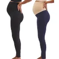 Motherhood Maternity Women's 2 Pack Essential Stretch Full Length Secret Fit Belly Leggings, Black/Navy 2 Pack, Small
