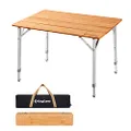 KingCamp Bamboo Folding Table Environmental Camping Table with Adjustable Height Aluminum Legs Heavy Duty 4-Folds Portable Camp Tables for Travel, Picnic, Party, Beach, 1-2 People