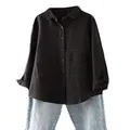 Minibee Women's Linen Shirts Button Down Long Tunic Tops Plus Size Blouse with Pockets Black L
