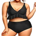 Yonique Women Plus Size Two Piece Swimsuits High Waisted Bikini Set Tummy Control Bathing Suits Ruffle Swimwear, Black, 22 Plus