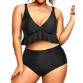 Yonique Women Plus Size Two Piece Swimsuits High Waisted Bikini Set Tummy Control Bathing Suits Ruffle Swimwear, Black, 22 Plus