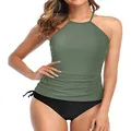Holipick Two Piece Tankini Sets Swimsuits for Women Tummy Control Bathing Suits Halter Swim Tank Top with Shorts, Army Green, Large