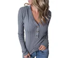 MEROKEETY Women's Long Sleeve V Neck Ribbed Button Knit Sweater Solid Color Tops Grey