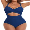 Eomenie Women's One Piece Swimsuit Wrap Cutout Tummy Control High Waisted Back Tie Knot Bathing Suit, Deep Blue, Small