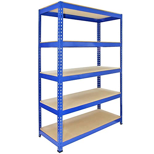 Q-Rax 5 Tier Blue Racking Bay Unit Heavy Duty Steel Metal 200kg capacity Per Shelf MDF Garage Shelves Storage Warehouse Shed Workshop Boltless Shelving 120 x 50 x 180cm