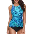 Holipick Two Piece Tankini Swimsuits for Women Tummy Control Bathing Suits High Neck Halter Swim Tank Top with Shorts, Blue Leaves, X-Large