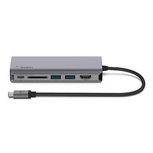 Belkin AVC008btSGY USB C Hub, 6-in-1 MultiPort Adapter Dock with 4K HDMI, USB-C 100W PD Pass-Through Charging, 2 x USB Gigabit Ethernet Ports and SD Slot for MacBook Pro, Air, iPad Pro, XPS and More
