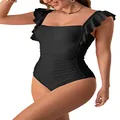 Eomenie Women's One Piece Ruffle Swimsuit Ruched Tummy Control Bathing Suits 1 Piece Tie Back Backless Monokini Swimwear, Black, XX-Large