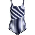 Lands' End Women's Chlorine Resistant Scoop Neck Soft Cup Tugless Sporty One Piece Swimsuit, Deep Sea/White Media Stripe, 10