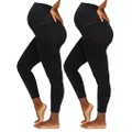 Motherhood Maternity Women's 2 Pack Essential Stretch Crop Length Secret Fit Belly Leggings, Black/Black 2 Pack, Large