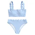 ZAFUL Women's Scalloped Textured Swimwear High Waisted Wide Strap Adjustable Back Lace-up Bikini Set Swimsuit (S, Sky Blue-C)