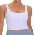 THE GYM PEOPLE Women's Square Neck Longline Sports Bra Workout Removable Padded Yoga Crop Tank Tops, White, Small