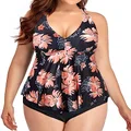 Holipick Plus Size Two Piece Swimsuits High Waisted Bathing Suits for Women Tummy Control Halter Tankini with Shorts, Black Flower, 20 Plus