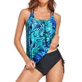 Holipick Two Piece Tankini Bathing Suits for Women Tummy Control Swimsuits Athletic Blouson Tankini Top with Bikini Bottom, Blue Leaf, Medium