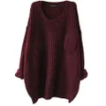 Women’s Casual Unbalanced Crew Neck Knit Sweater Loose Pullover Cardigan (Burgundy)