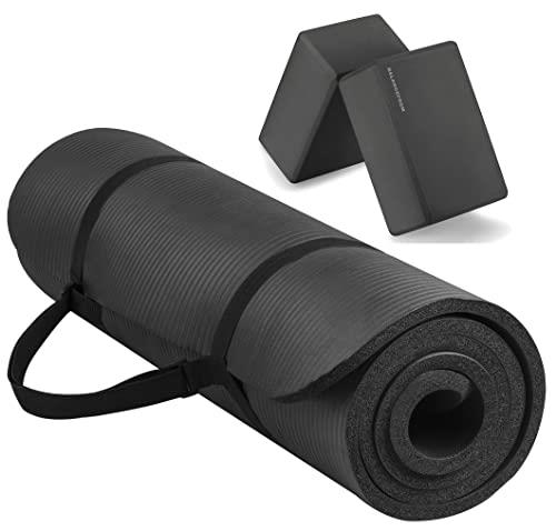 BalanceFrom All Purpose 1/2-Inch Extra Thick High Density Anti-Tear Exercise Yoga Mat with Carrying Strap and Yoga Blocks, Black
