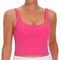 THE GYM PEOPLE Women's Square Neck Longline Sports Bra Workout Removable Padded Yoga Crop Tank Tops, Bright Pink, Medium