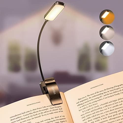 Gritin 9 LED Rechargeable Book Light for Reading in Bed - Eye Caring 3 Color Temperatures,Stepless Dimming Brightness,80 Hrs Runtime Small Lightweight Clip On Kids,Studying, Black, (G1330)
