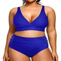 Yonique Womens Plus Size Swimsuit High Waisted Bikini Set Two Piece Bathing Suits Tummy Control Swimwear Royal Blue 16Plus