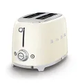 Smeg TSF01CRUK Retro 2 Slice Toaster, 6 Browning Levels, Extra-Wide Bread Slots, Defrost and Reheat Functions, Removable Crumb Tray, 950 W, Cream