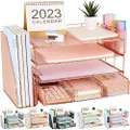 gianotter Paper Letter Tray Organizer with File Holder, 4-Tier Desk Accessories & Workspace Organizers with Drawer and 2 Pen Holder, Desk Organizers and Accessories for Office Supplies (Rose Gold)