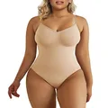 SHAPERX Bodysuit for Women Tummy Control Shapewear Adjustable Straps Seamless Thong Body Shaper, Beige, Small-Medium