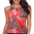Holipick Women High Neck Tankini Top Floral Printed Swimsuit Tummy Control Backless Swimwear Orange Red Floral XL